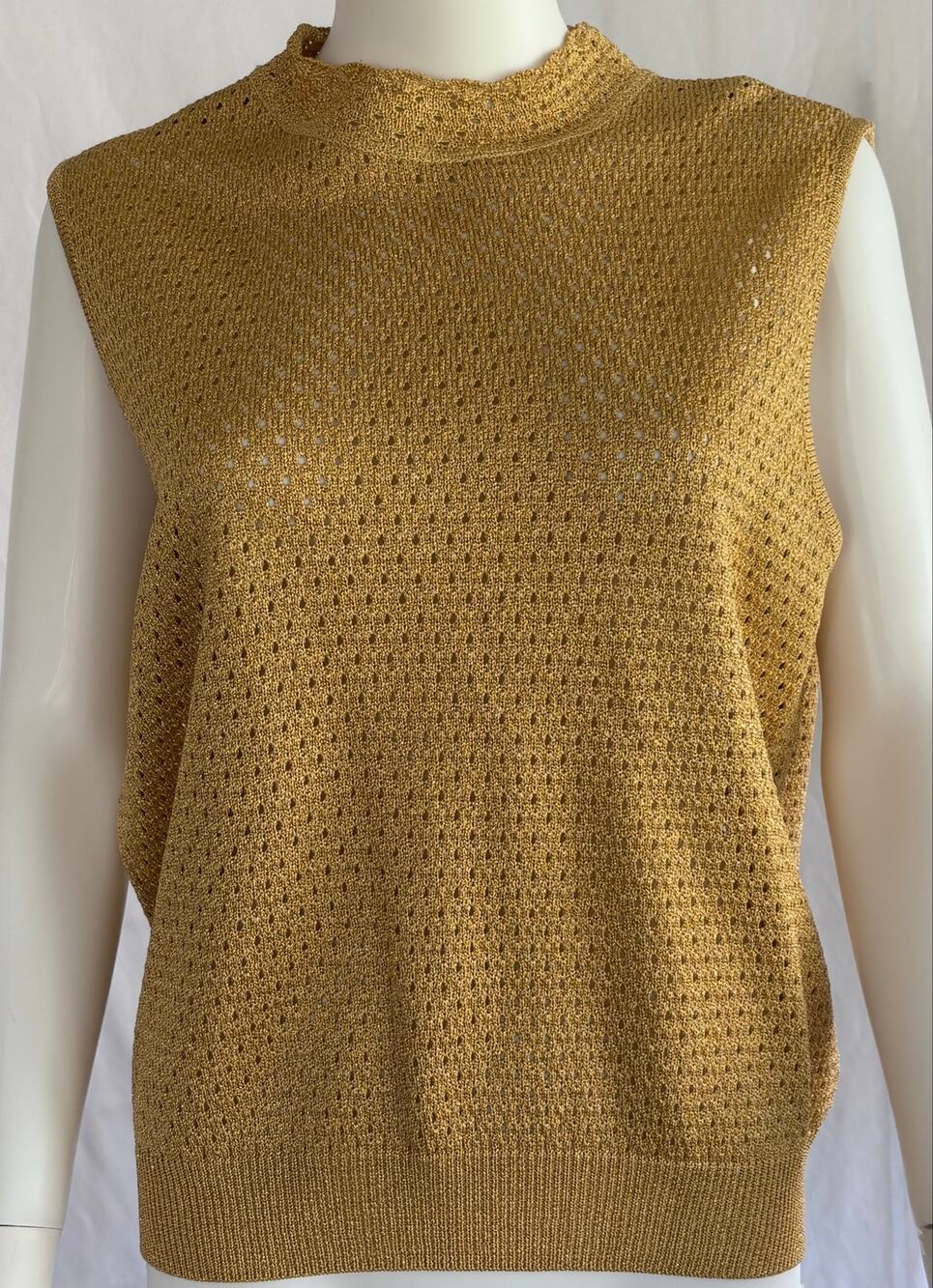 St John Collection Marie Gray Gold Metallic Knit Sleeveless Top L Vintage